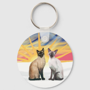 Xmas Sunrise - Two Siamese cats (Seal + Choc) Keychain