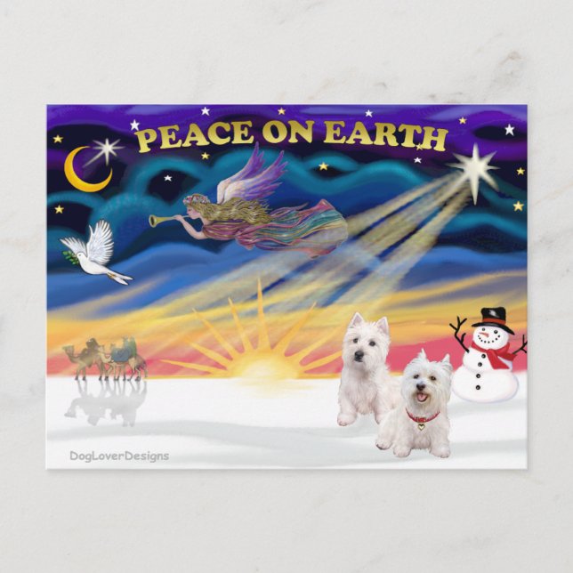 Xmas Sunrise - Two West Highland Terriers Holiday Postcard (Front)