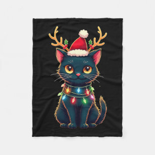 Xmas Tee Reindeer Black Cute Cat Christmas Lights Fleece Blanket