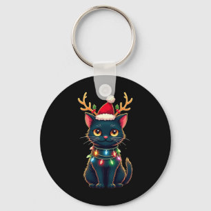 Xmas Tee Reindeer Black Cute Cat Christmas Lights  Keychain