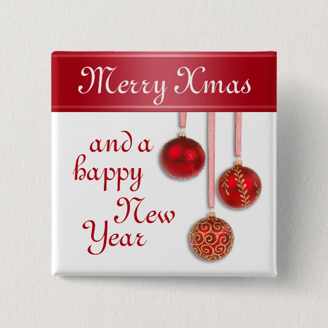 Xmas Tree Baubles red + your ideas 2 Inch Square Button (Front)