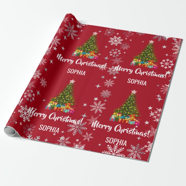Xmas Tree Baubles Snowflakes Personalized Name Wrapping Paper (Unrolled)