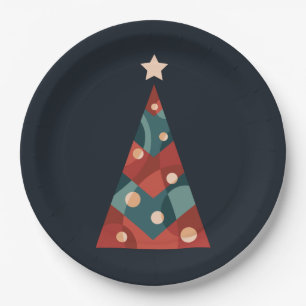 Xmas tree design, red blue abstract retro paper plate