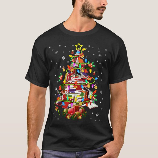 Xmas Tree Library Xmas Lights Tree Book Lover Libr T-Shirt (Front)