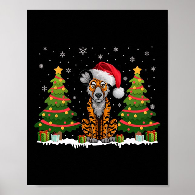 Xmas Tree Light African Wild Dog Santa Hat Christm Poster (Front)