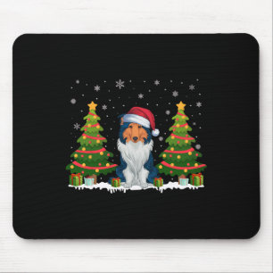 Xmas Tree Light Rough Collie Dog Santa Hat Christm Mouse Pad