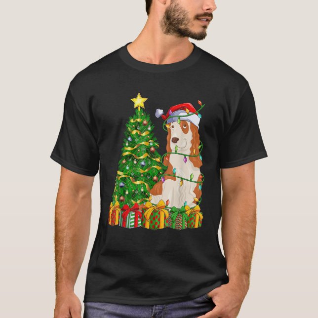 Xmas Tree Lighting Santa Cocker Spaniel Dog Christ T-Shirt (Front)