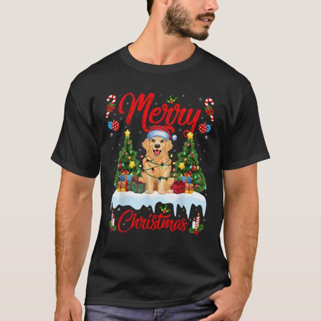 Xmas Tree Lighting Santa Hat Golden Retriever Dog  T-Shirt (Front)