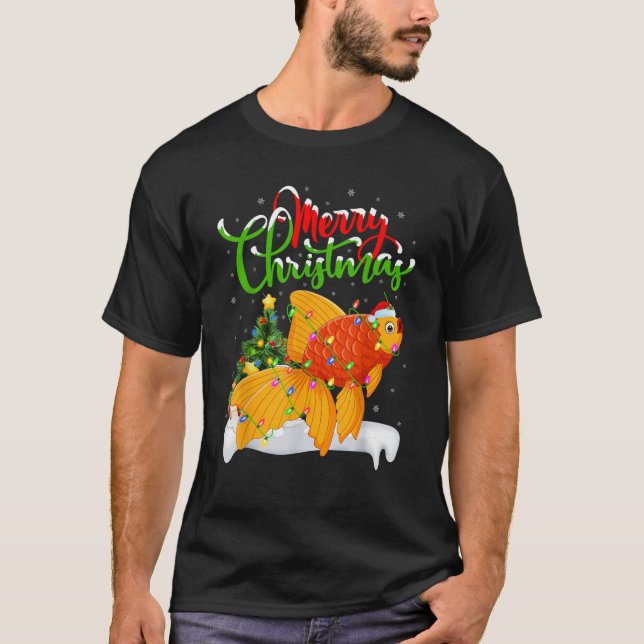 Xmas Tree Lighting Santa Hat Goldfish Christmas  T-Shirt (Front)