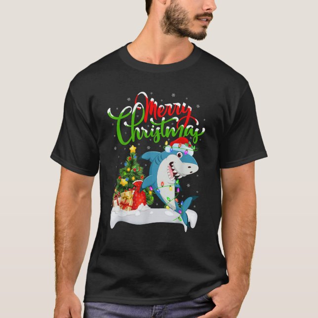 Xmas Tree Lighting Santa Hat Great White Shark Chr T-Shirt (Front)