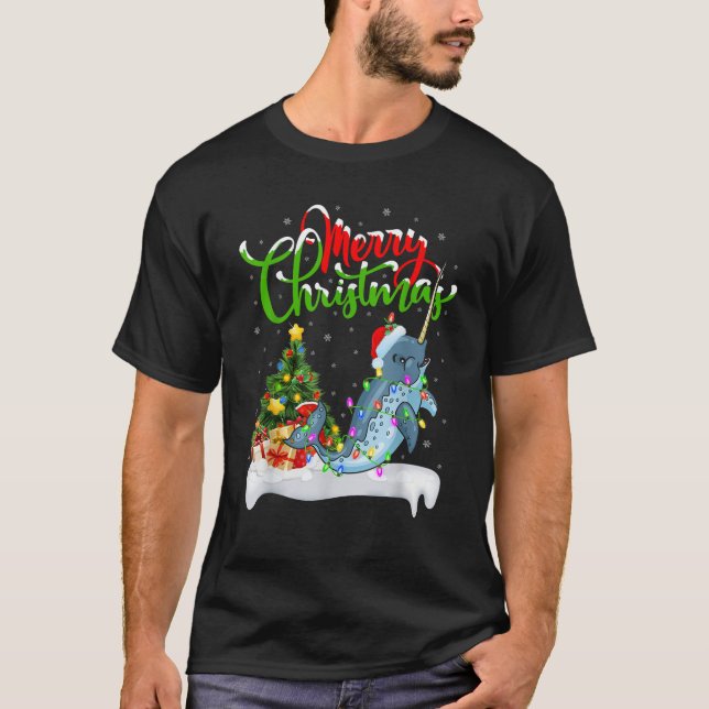 Xmas Tree Lighting Santa Hat Narwhal Christmas  T-Shirt (Front)