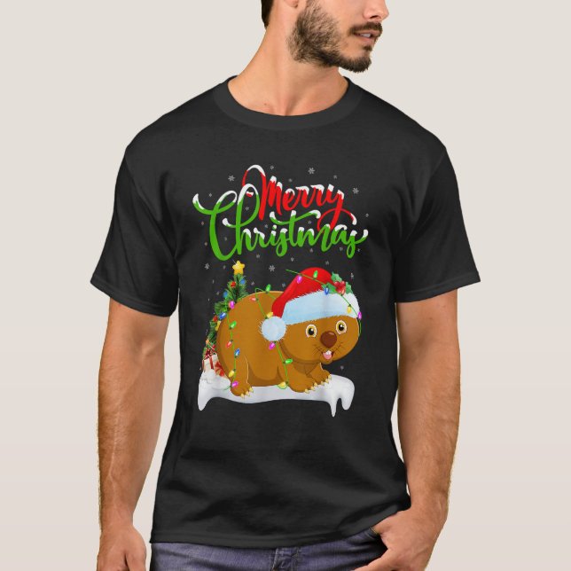 Xmas Tree Lighting Santa Hat Wombat Christmas  T-Shirt (Front)