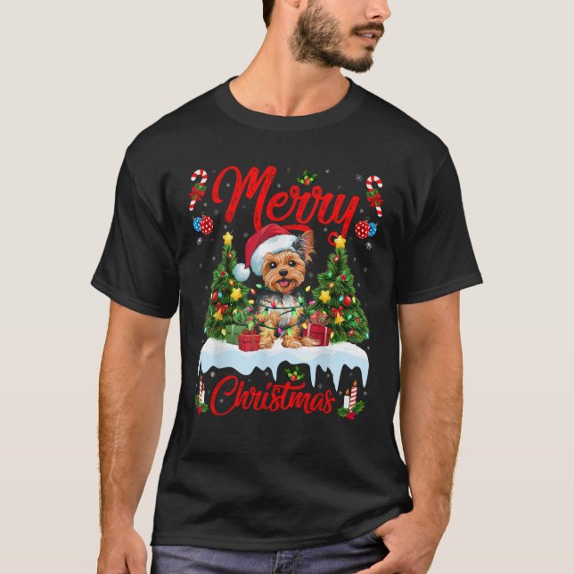 Xmas Tree Lighting Santa Hat Yorkie Dog Christmas  T-Shirt (Front)