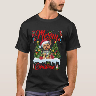 Xmas Tree Lighting Santa Hat Yorkie Dog Christmas T-Shirt
