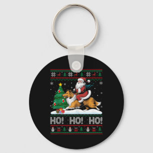 Xmas Tree Lighting Santa Riding Collie Dog Christm Keychain
