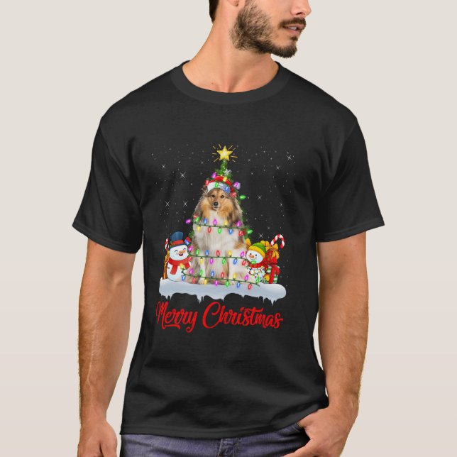 Xmas Tree Lighting Santa Shetland Sheepdog Christm T-Shirt (Front)