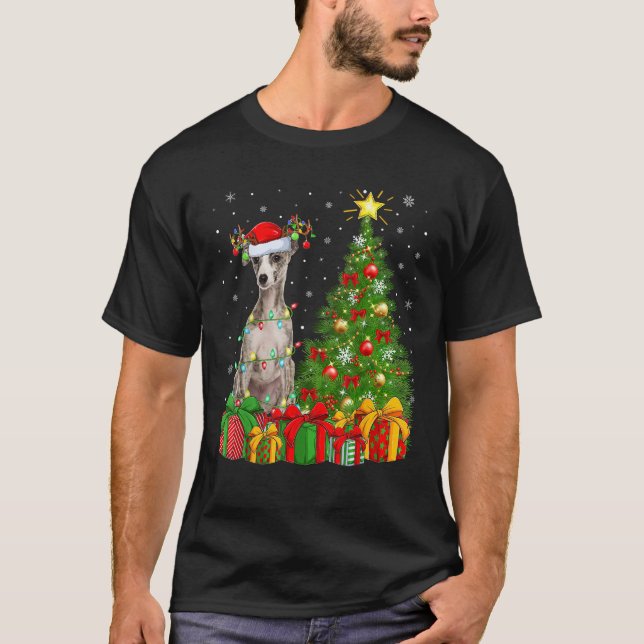 Xmas Tree Lighting Santa Whippet Dog Christmas  fo T-Shirt (Front)
