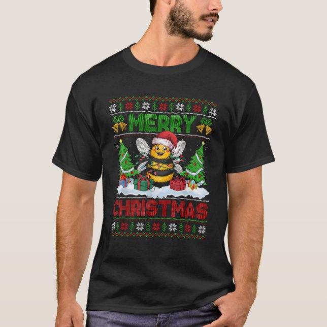 Xmas Tree Lighting Ugly Santa Hat Bumble Bee Chris T-Shirt (Front)