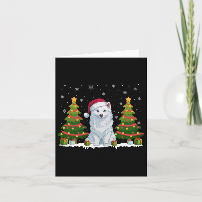 Xmas Tree Lights American Eskimo Dog Santa Christm Card (Front)