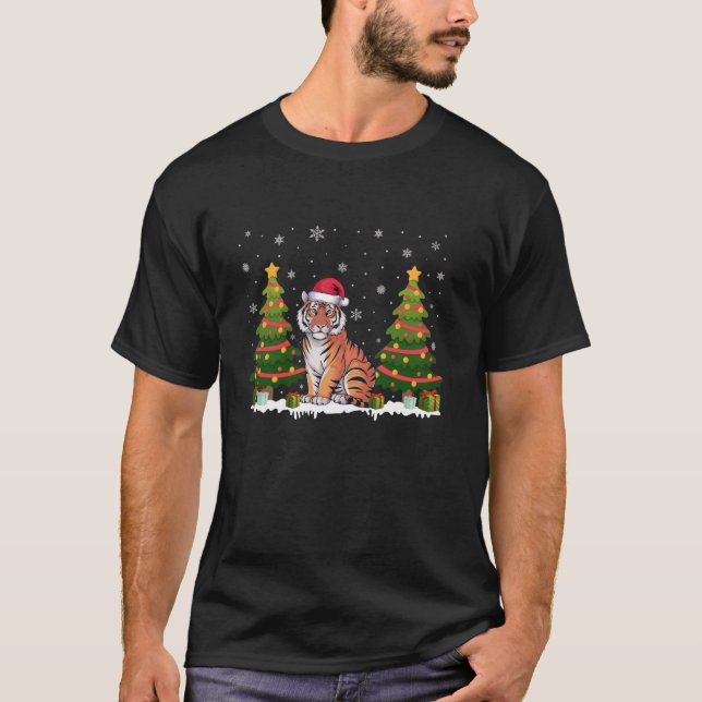 Xmas Tree Lights Bengal Tiger Santa Hat Christmas  T-Shirt (Front)