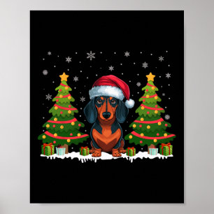 Xmas Tree Lights Dachshund Dog Santa Hat Christmas Poster