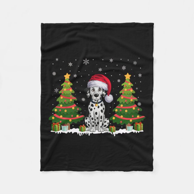 Xmas Tree Lights Dalmatian Dog Santa Hat Christmas Fleece Blanket (Front)