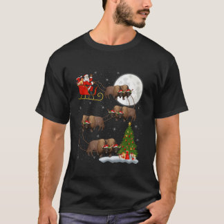 Xmas Tree Lights Funny Santa Riding Bison Christma T-Shirt