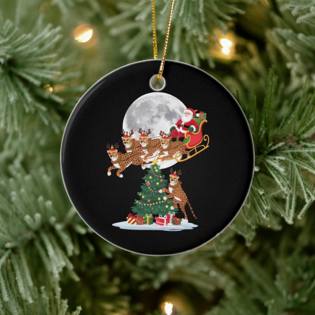 Xmas Tree Lights Funny Santa Riding Cheetah  Ceramic Ornament (Tree)