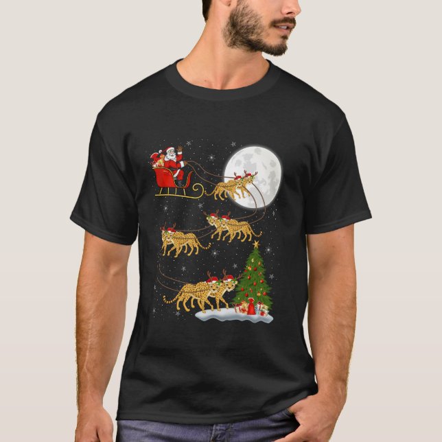 Xmas Tree Lights Funny Santa Riding Cheetah Christ T-Shirt (Front)