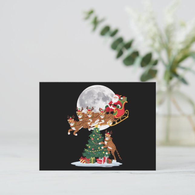 Xmas Tree Lights Funny Santa Riding Cheetah  Holiday Postcard (Standing Front)