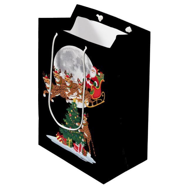 Xmas Tree Lights Funny Santa Riding Cheetah  Medium Gift Bag (Front Angled)