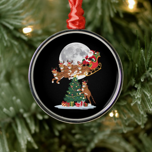 Xmas Tree Lights Funny Santa Riding Cheetah  Metal Ornament (Tree)
