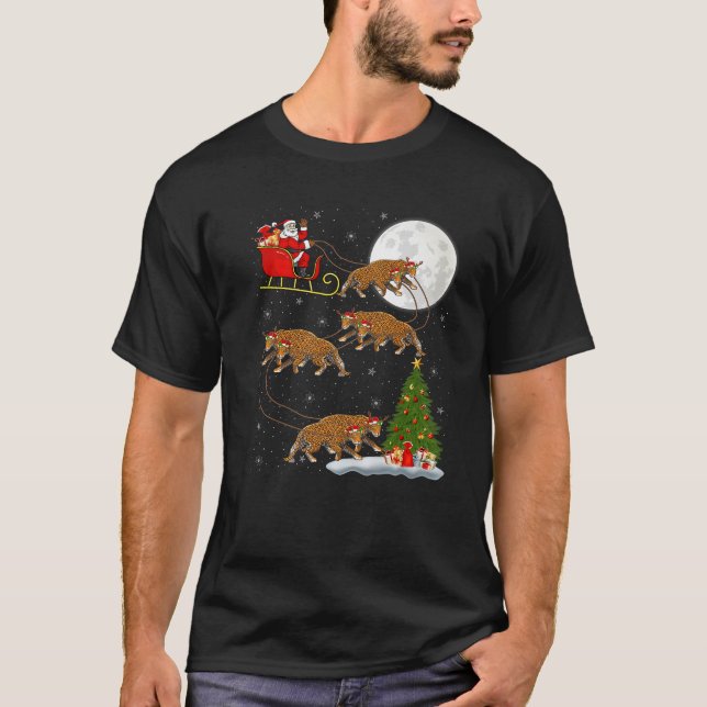 Xmas Tree Lights Funny Santa Riding Jaguar Christm T-Shirt (Front)