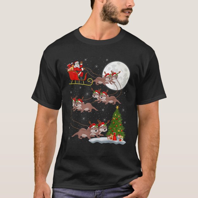 Xmas Tree Lights Funny Santa Riding Otter Christma T-Shirt (Front)