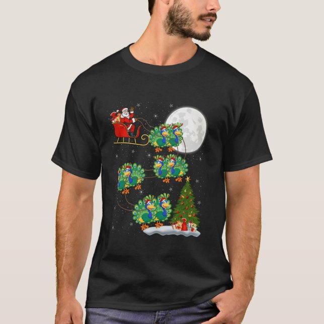 Xmas Tree Lights Funny Santa Riding Peacock Bird C T-Shirt (Front)