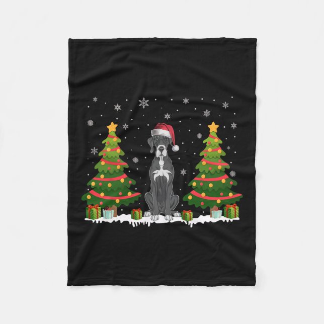 Xmas Tree Lights Great Dane Dog Santa Hat Christma Fleece Blanket (Front)
