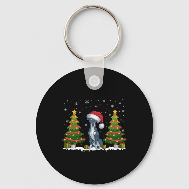 Xmas Tree Lights Greyhound Dog Santa Hat Christmas Keychain (Front)