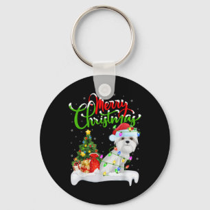 Xmas Tree Lights Santa Hat Maltese Dog Christmas T Keychain