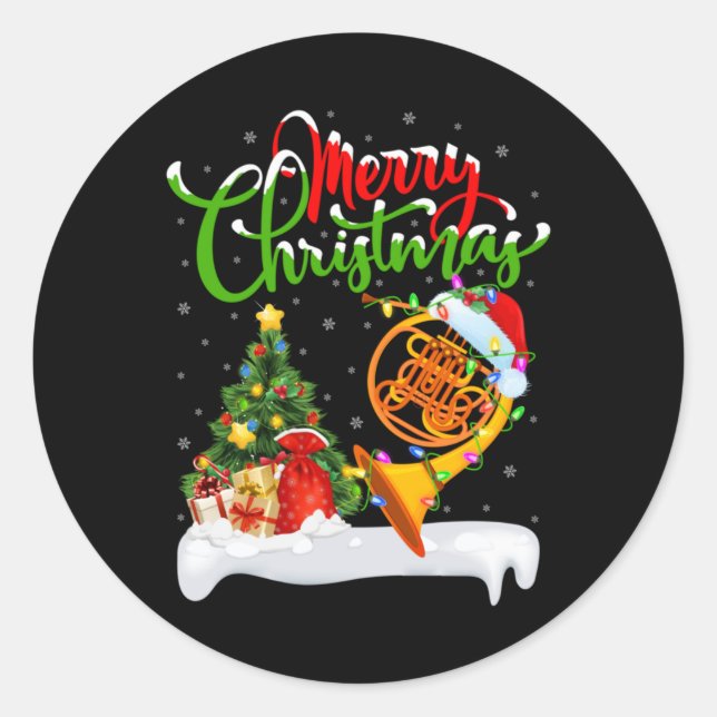Xmas Tree Lights Santa Hat Musical French Horn Chr Classic Round Sticker (Front)