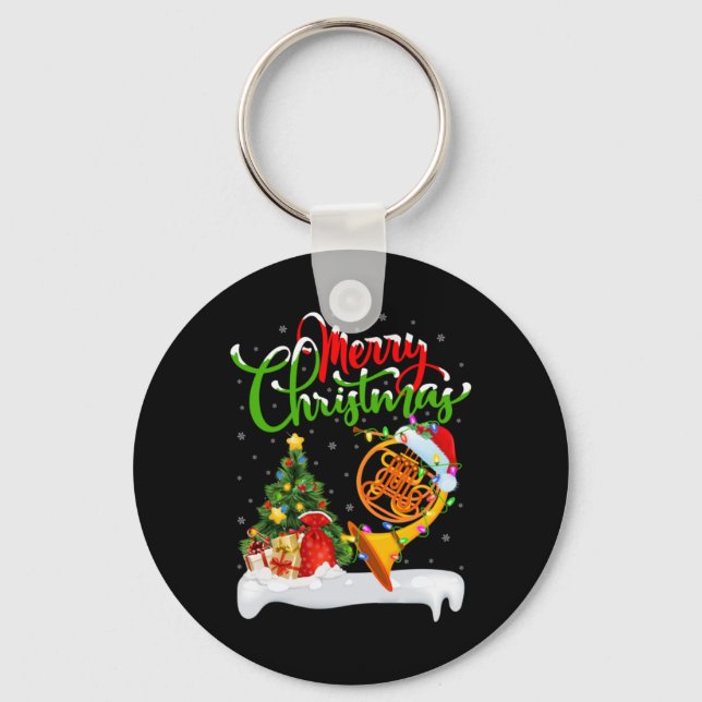 Xmas Tree Lights Santa Hat Musical French Horn Chr Keychain (Front)