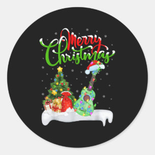 Xmas Tree Lights Santa Hat Musical Ukulele Guitar Classic Round Sticker