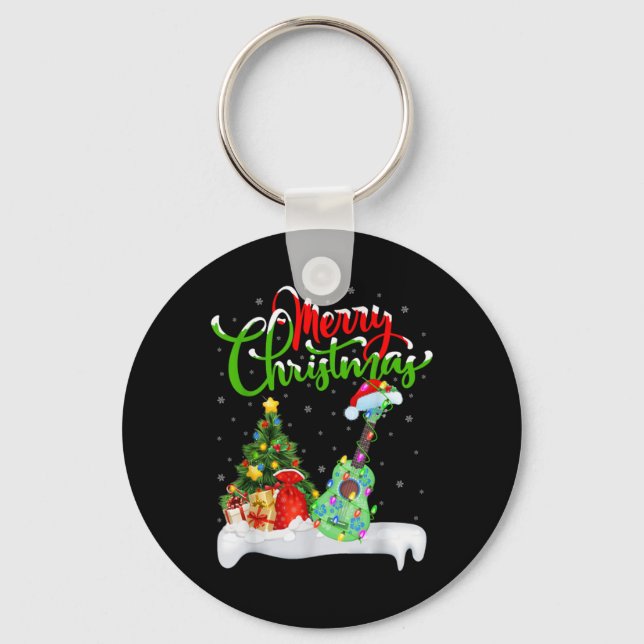 Xmas Tree Lights Santa Hat Musical Ukulele Guitar  Keychain (Front)