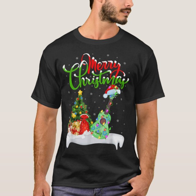 Xmas Tree Lights Santa Hat Musical Ukulele Guitar  T-Shirt (Front)