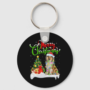 Xmas Tree Lights Santa Hat Rough Collie Dog Christ Keychain