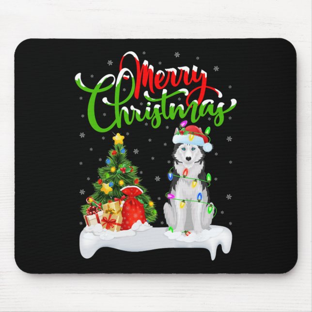 Xmas Tree Lights Santa Hat Siberian Husky Dog Chri Mouse Pad (Front)