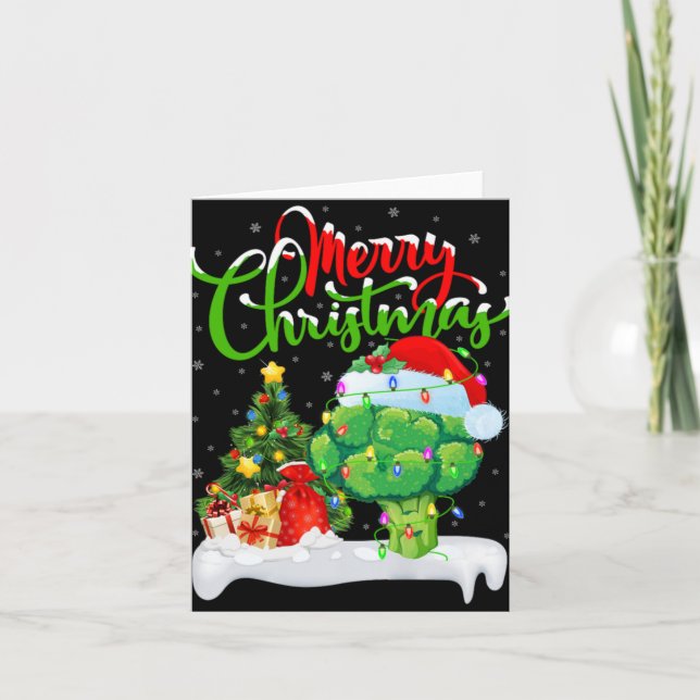 Xmas Tree Lights Santa Hat Vegetable Broccoli Chri Card (Front)