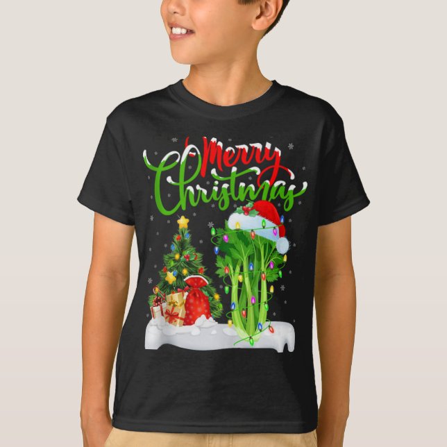 Xmas Tree Lights Santa Hat Vegetable Celery Christ T-Shirt (Front)