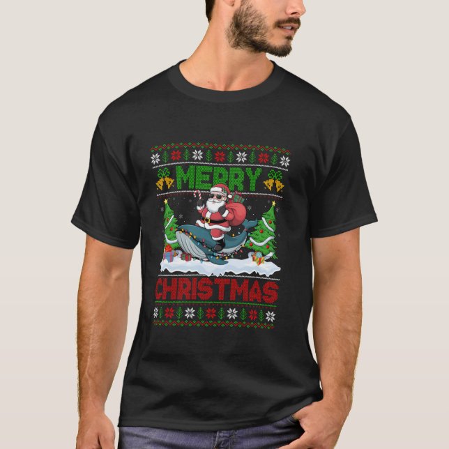 Xmas Tree Lights Ugly Santa Riding Whale Christmas T-Shirt (Front)
