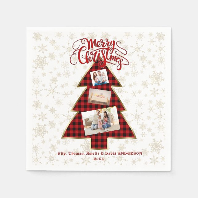 Xmas Tree Red Buffalo Gold Photo Merry Christmas Napkin (Front)