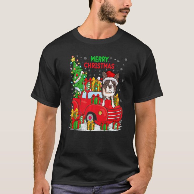 Xmas Tree Red Truck Lighting Boston Terrier Dog Ch T-Shirt (Front)